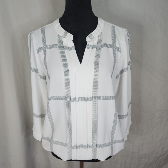 41 HAWTHORN Size Medium White & Black Split Neck Blouson Box Pleated Blouse - Picture 1 of 10